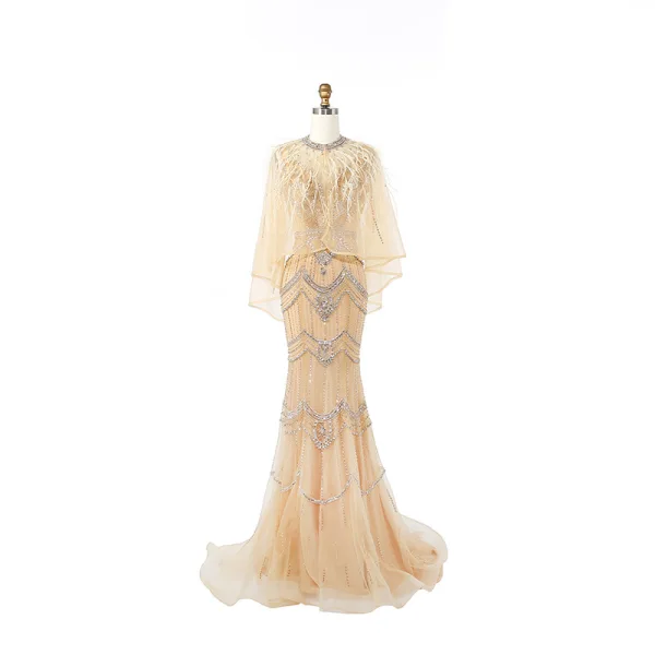 High-end Gold Evening Dresses  With Shawl 2020 Trumpet / Mermaid Deep V-Neck Sleeveless Feather Beading Sweep Train Ruffle Backless Formal Dresses