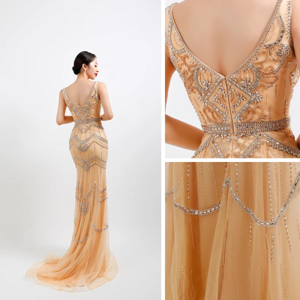 High-end Gold Evening Dresses With Shawl 2020 Trumpet / Mermaid Deep V-Neck Sleeveless Feather Beading Sweep Train Ruffle Backless Formal Dresses