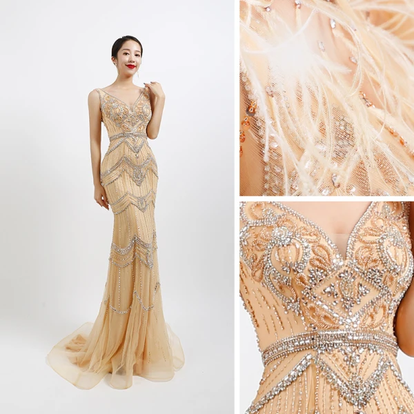 High-end Gold Evening Dresses  With Shawl 2020 Trumpet / Mermaid Deep V-Neck Sleeveless Feather Beading Sweep Train Ruffle Backless Formal Dresses