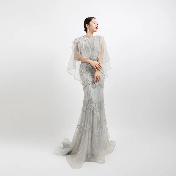 High-end Grey Evening Dresses  With Shawl 2020 Trumpet / Mermaid Deep V-Neck Sleeveless Feather Beading Sweep Train Ruffle Backless Formal Dresses