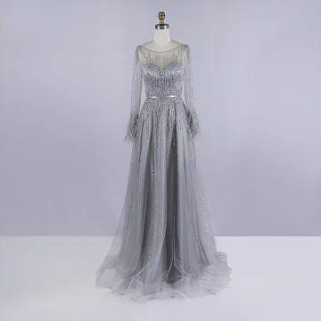 High End Grå Aftonklänningar 2020 Prinsessa Genomskinliga Urringning Långärmad Fjäder Skärp Beading Paljetter Svep Tåg Ruffle Formella Klänningar