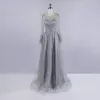 High-end Grey Evening Dresses  2020 A-Line / Princess See-through Scoop Neck Long Sleeve Feather Sash Beading Sequins Sweep Train Ruffle Formal Dresses