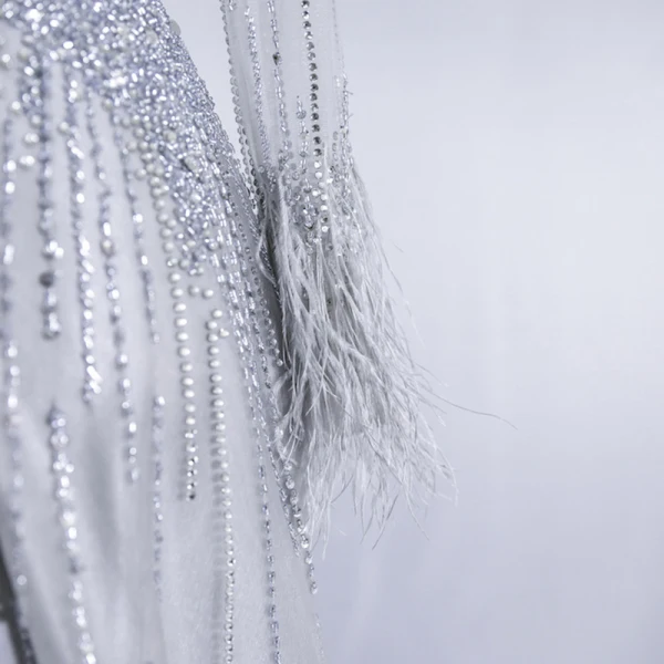 Haut de Gamme Gris Robe De Soirée 2020 Princesse Transparentes Encolure Dégagée Manches Longues Plumes Ceinture Perlage Paillettes Train De Balayage Volants Robe De Ceremonie