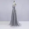 High-end Grey Evening Dresses  2020 A-Line / Princess See-through Scoop Neck Long Sleeve Feather Sash Beading Sequins Sweep Train Ruffle Formal Dresses
