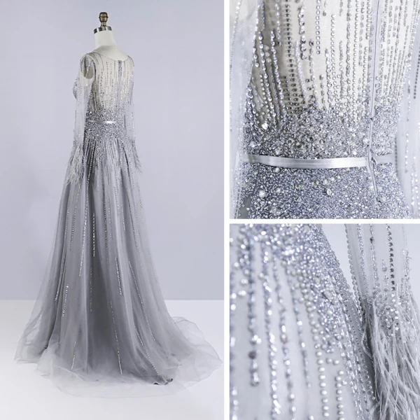 Haut de Gamme Gris Robe De Soirée 2020 Princesse Transparentes Encolure Dégagée Manches Longues Plumes Ceinture Perlage Paillettes Train De Balayage Volants Robe De Ceremonie
