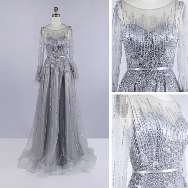 Haut de Gamme Gris Robe De Soirée 2020 Princesse Transparentes Encolure Dégagée Manches Longues Plumes Ceinture Perlage Paillettes Train De Balayage Volants Robe De Ceremonie
