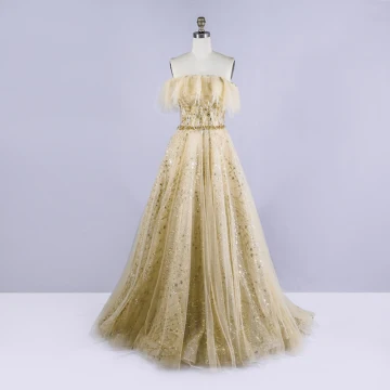 Chic Belle Doré Robe De Bal 2020 Princesse Bustier Sans Manches Perlage Paillettes Train De Balayage Volants Dos Nu Robe De Ceremonie