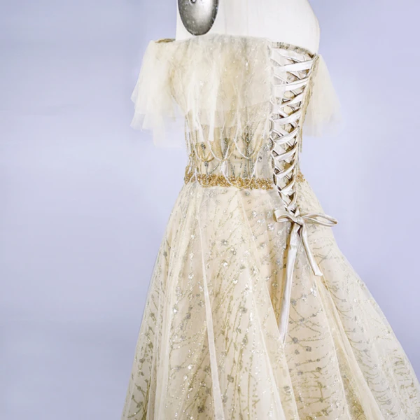 Chic / Belle Doré Robe De Bal 2020 Princesse Bustier Sans Manches Perlage Paillettes Train De Balayage Volants Dos Nu Robe De Ceremonie