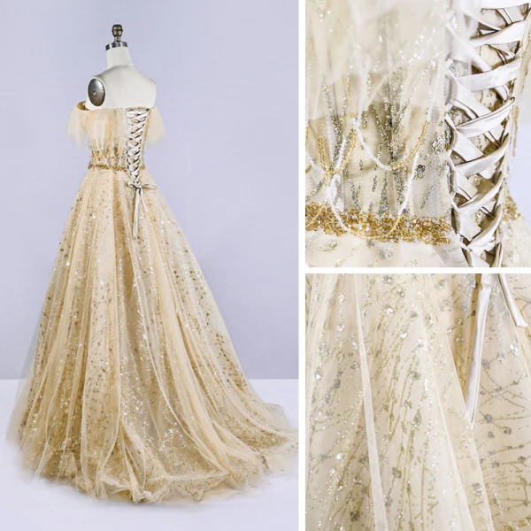 Chic / Belle Doré Robe De Bal 2020 Princesse Bustier Sans Manches Perlage Paillettes Train De Balayage Volants Dos Nu Robe De Ceremonie