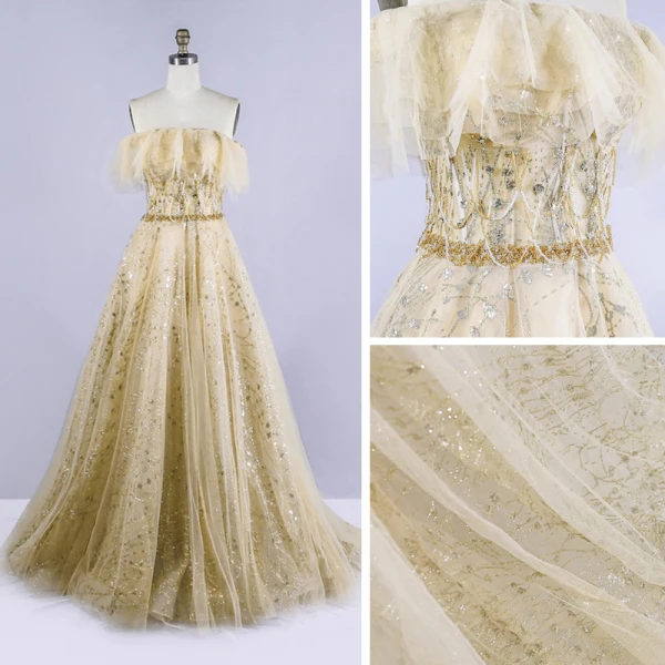 Chic / Belle Doré Robe De Bal 2020 Princesse Bustier Sans Manches Perlage Paillettes Train De Balayage Volants Dos Nu Robe De Ceremonie