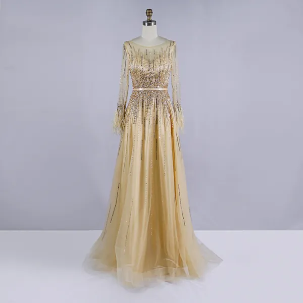 High-end Gold Prom Dresses 2020 A-Line / Princess See-through Scoop Neck Long Sleeve Feather Sash Beading Sequins Sweep Train Ruffle Formal Dresses