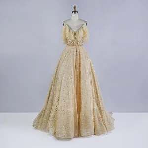 Best Champagne Prom Dresses 2020 A Line Princess Spaghetti Straps Sleeveless Beading Sequins Sweep Train Ruffle Backless Formal Dresses