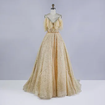 Meilleur Champagne Robe De Bal 2020 Princesse Bretelles Spaghetti Sans Manches Perlage Paillettes Train De Balayage Volants Dos Nu Robe De Ceremonie