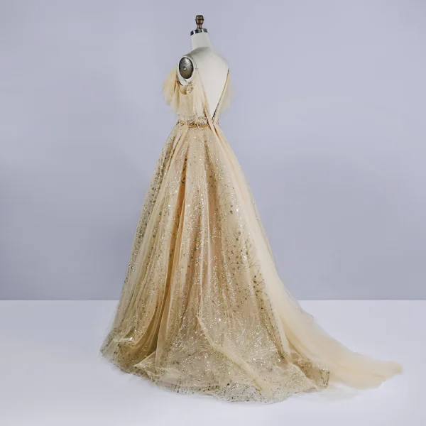 Meilleur Champagne Robe De Bal 2020 Princesse Bretelles Spaghetti Sans Manches Perlage Paillettes Train De Balayage Volants Dos Nu Robe De Ceremonie