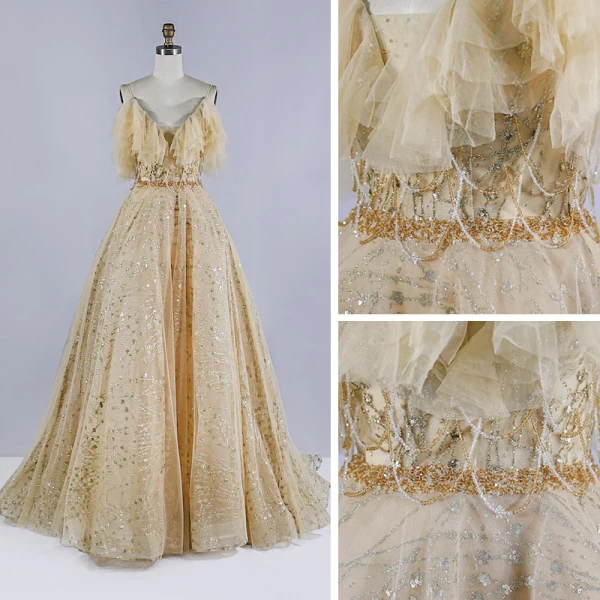 Meilleur Champagne Robe De Bal 2020 Princesse Bretelles Spaghetti Sans Manches Perlage Paillettes Train De Balayage Volants Dos Nu Robe De Ceremonie