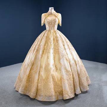 Luxe Doré La Mariée Robe De Mariée 2020 Robe Boule Col Haut Manches Courtes Dos Nu Perlage Gland Paillettes Longue Volants