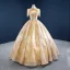 Luxe Doré La Mariée Robe De Mariée 2020 Robe Boule Col Haut Manches Courtes Dos Nu Perlage Gland Paillettes Longue Volants