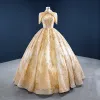 Luksusowe Złote ślubna Suknie Ślubne 2020 Suknia Balowa Wysokiej Szyi Kótkie Rękawy Bez Pleców Frezowanie Kutas Cekiny Długie Wzburzyć