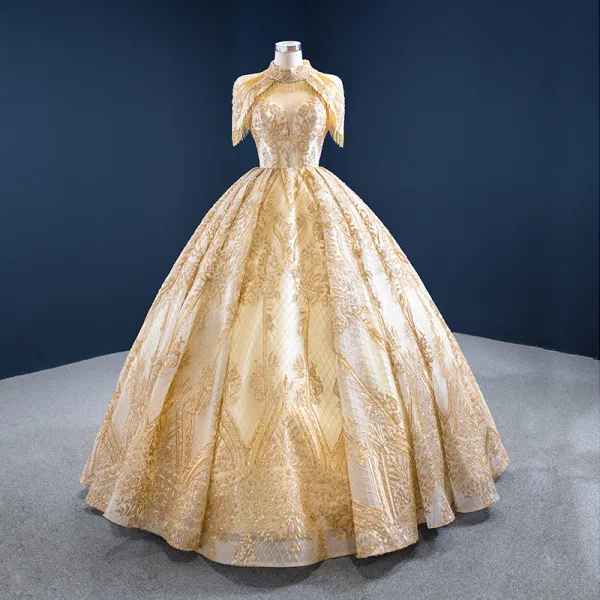 Luxury / Gorgeous Gold Bridal Wedding Dresses 2020 Ball Gown High Neck Short Sleeve Backless Beading Tassel Sequins Floor-Length / Long Ruffle