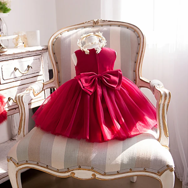 Lovely Red Birthday Flower Girl Dresses 2020 Ball Gown Scoop Neck Sleeveless Bow Short Ruffle Wedding Party Dresses