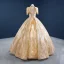 Luxe Doré La Mariée Robe De Mariée 2020 Robe Boule Col Haut Manches Courtes Dos Nu Perlage Gland Paillettes Longue Volants