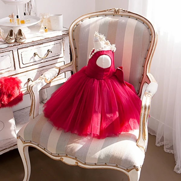 Lovely Red Birthday Flower Girl Dresses 2020 Ball Gown Scoop Neck Sleeveless Bow Short Ruffle Wedding Party Dresses