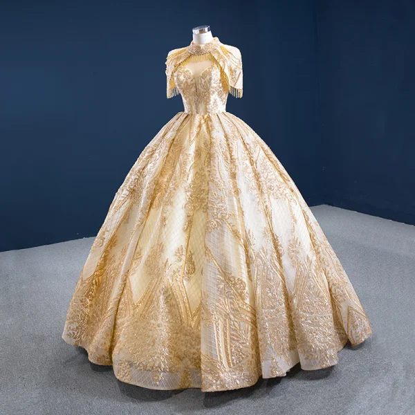 Luxe Doré La Mariée Robe De Mariée 2020 Robe Boule Col Haut Manches Courtes Dos Nu Perlage Gland Paillettes Longue Volants