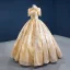 Luxe Doré La Mariée Robe De Mariée 2020 Robe Boule Col Haut Manches Courtes Dos Nu Perlage Gland Paillettes Longue Volants