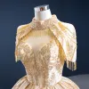 Luksusowe Złote ślubna Suknie Ślubne 2020 Suknia Balowa Wysokiej Szyi Kótkie Rękawy Bez Pleców Frezowanie Kutas Cekiny Długie Wzburzyć