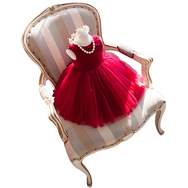 Lovely Red Birthday Flower Girl Dresses 2020 Ball Gown Scoop Neck Sleeveless Bow Short Ruffle Wedding Party Dresses
