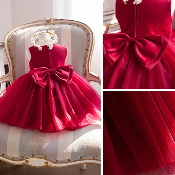 Lovely Red Birthday Flower Girl Dresses 2020 Ball Gown Scoop Neck Sleeveless Bow Short Ruffle Wedding Party Dresses