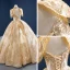 Luxe Doré La Mariée Robe De Mariée 2020 Robe Boule Col Haut Manches Courtes Dos Nu Perlage Gland Paillettes Longue Volants