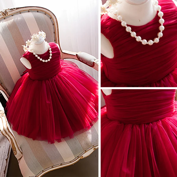 Lovely Red Birthday Flower Girl Dresses 2020 Ball Gown Scoop Neck Sleeveless Bow Short Ruffle Wedding Party Dresses