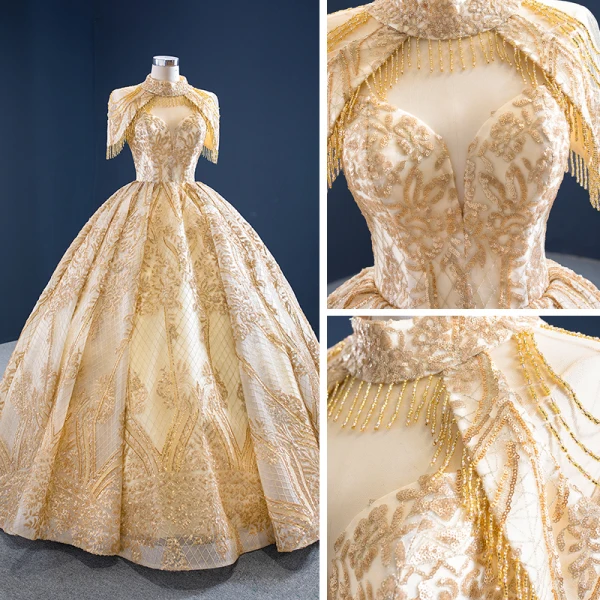 Luxe Doré La Mariée Robe De Mariée 2020 Robe Boule Col Haut Manches Courtes Dos Nu Perlage Gland Paillettes Longue Volants