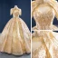 Luxe Doré La Mariée Robe De Mariée 2020 Robe Boule Col Haut Manches Courtes Dos Nu Perlage Gland Paillettes Longue Volants