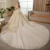 Roman Champagne Gold Bridal Wedding Dresses 2020 Ball Gown Off-The-Shoulder Short Sleeve Backless Appliques Sequins Beading Glitter Tulle Royal Train Ruffle