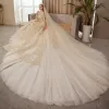 Roman Champagne Gold Bridal Wedding Dresses 2020 Ball Gown Off-The-Shoulder Short Sleeve Backless Appliques Sequins Beading Glitter Tulle Royal Train Ruffle