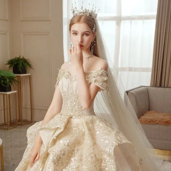 champagne and gold wedding dress Non-Traditional Wedding Dresses Champagne Tulle With Ivory Lace – Lisposa main image 0