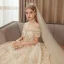 Roman Champagne Gold Bridal Wedding Dresses 2020 Ball Gown Off-The-Shoulder Short Sleeve Backless Appliques Sequins Beading Glitter Tulle Royal Train Ruffle