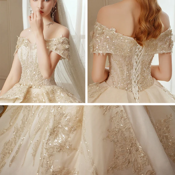 Roman Champagne Gold Bridal Wedding Dresses 2020 Ball Gown Off-The-Shoulder Short Sleeve Backless Appliques Sequins Beading Glitter Tulle Royal Train Ruffle