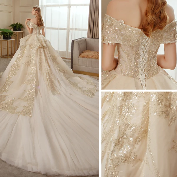 Roman Champagne Gold Bridal Wedding Dresses 2020 Ball Gown Off-The-Shoulder Short Sleeve Backless Appliques Sequins Beading Glitter Tulle Royal Train Ruffle
