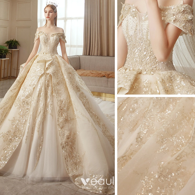 Champagne Gold Tulle Sequins Off The Shoulder Beading Wedding Dress with Train