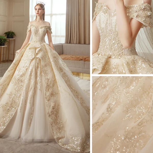 Roman Champagne Gold Bridal Wedding Dresses 2020 Ball Gown Off-The-Shoulder Short Sleeve Backless Appliques Sequins Beading Glitter Tulle Royal Train Ruffle