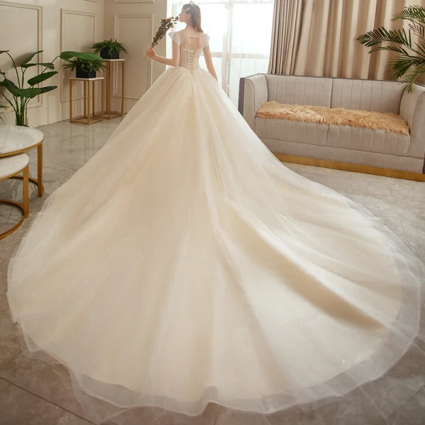 Meilleur La Mariée Champagne Transparentes Robe De Mariée 2020 Robe Boule Encolure Dégagée Sans Manches Dos Nu Perlage Glitter Tulle Cathedral Train Volants