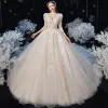 Victorian Style Champagne Bridal Wedding Dresses 2020 Ball Gown V-Neck Puffy 3/4 Sleeve Backless Appliques Lace Beading Glitter Tulle Cathedral Train Ruffle