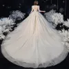 Victorian Style Champagne Bridal Wedding Dresses 2020 Ball Gown V-Neck Puffy 3/4 Sleeve Backless Appliques Lace Beading Glitter Tulle Cathedral Train Ruffle