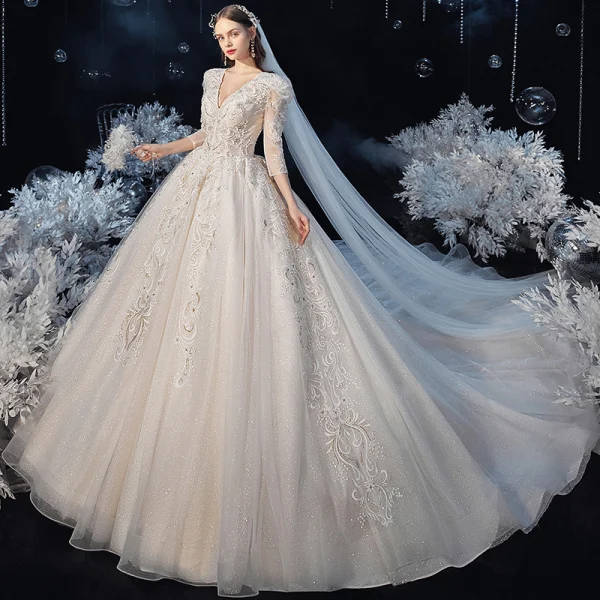 Victorian Style Champagne Bridal Wedding Dresses 2020 Ball Gown V-Neck Puffy 3/4 Sleeve Backless Appliques Lace Beading Glitter Tulle Cathedral Train Ruffle
