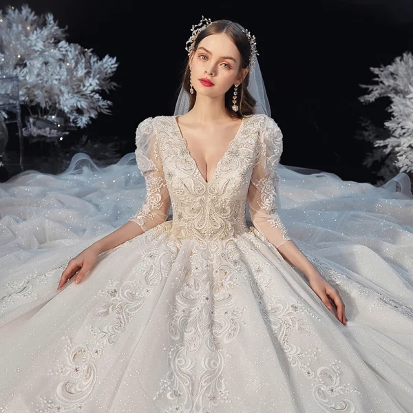 Victorian Style Champagne Bridal Wedding Dresses 2020 Ball Gown V-Neck Puffy 3/4 Sleeve Backless Appliques Lace Beading Glitter Tulle Cathedral Train Ruffle