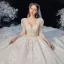 Victorian Style Champagne Bridal Wedding Dresses 2020 Ball Gown V-Neck Puffy 3/4 Sleeve Backless Appliques Lace Beading Glitter Tulle Cathedral Train Ruffle