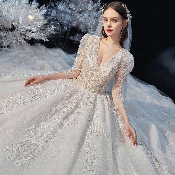 Victorian Style Champagne Bridal Wedding Dresses 2020 Ball Gown V-Neck Puffy 3/4 Sleeve Backless Appliques Lace Beading Glitter Tulle Cathedral Train Ruffle